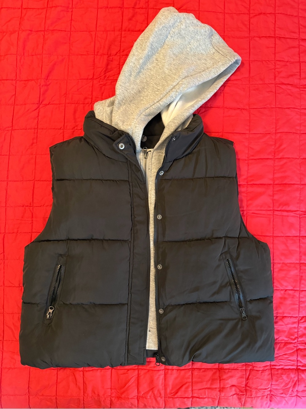 Thread & Supply Black Puffer Vest with Grey Hooded Insert